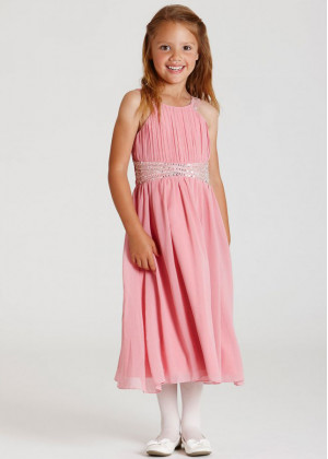 Pink Chiffon Beaded Tea Length Flower Girl Dress